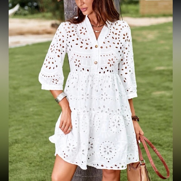 Boho Sheer Eyelet Embroidery Lace Dress White - Picture 1 of 7